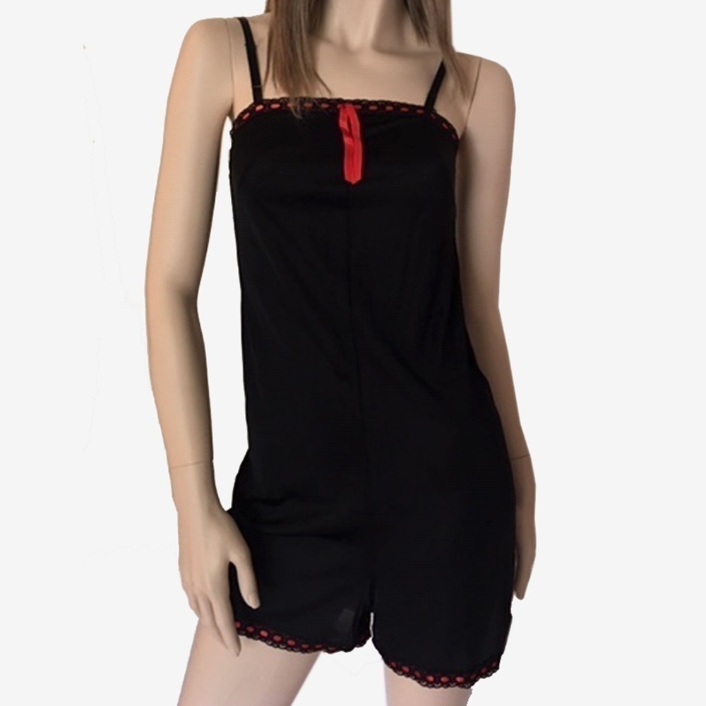 VINTAGE 60s Kayser Black Nylon Teddy Culotte Slip Red Satin ribbon detail